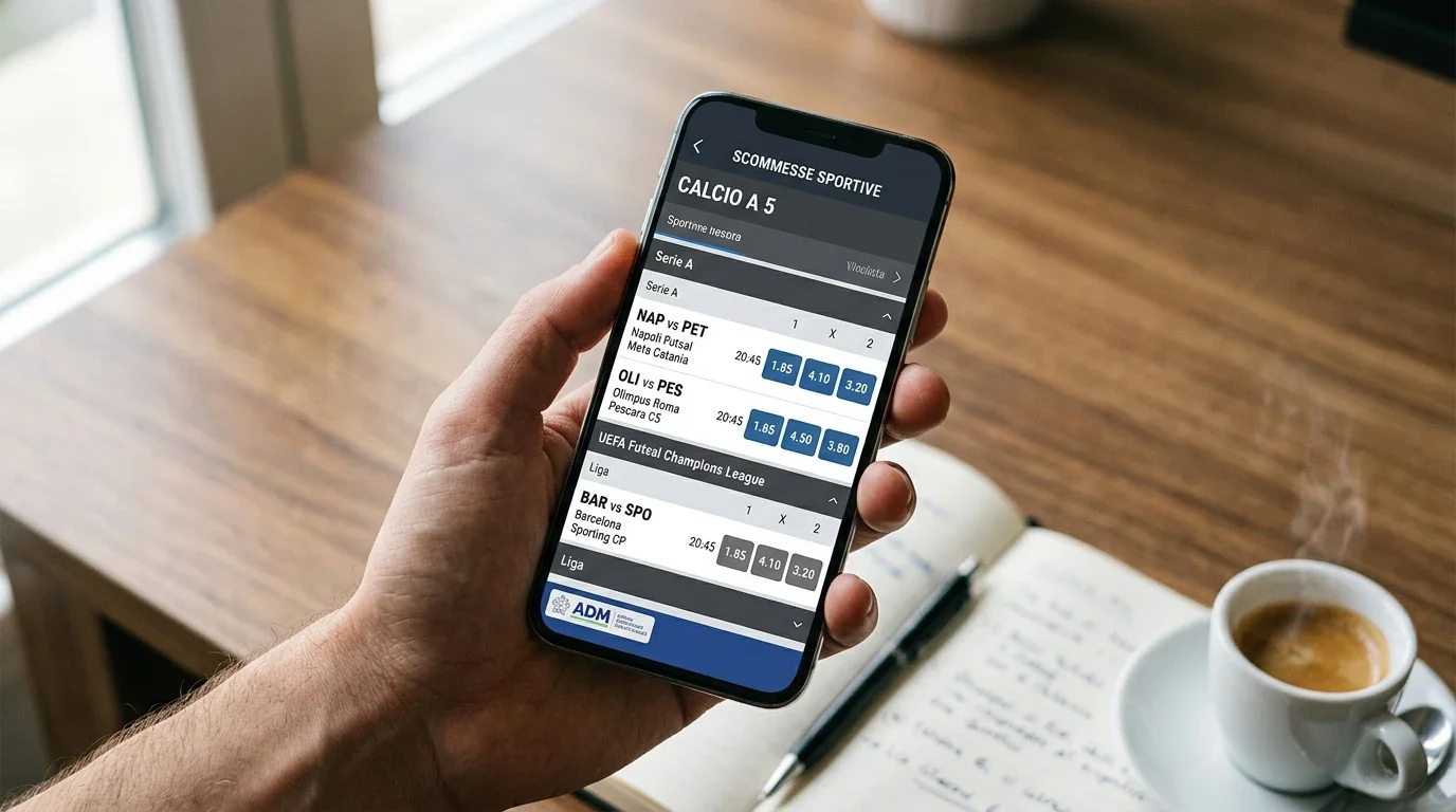 Smartphone con un'app di scommesse italiana che mostra il palinsesto calcio a 5