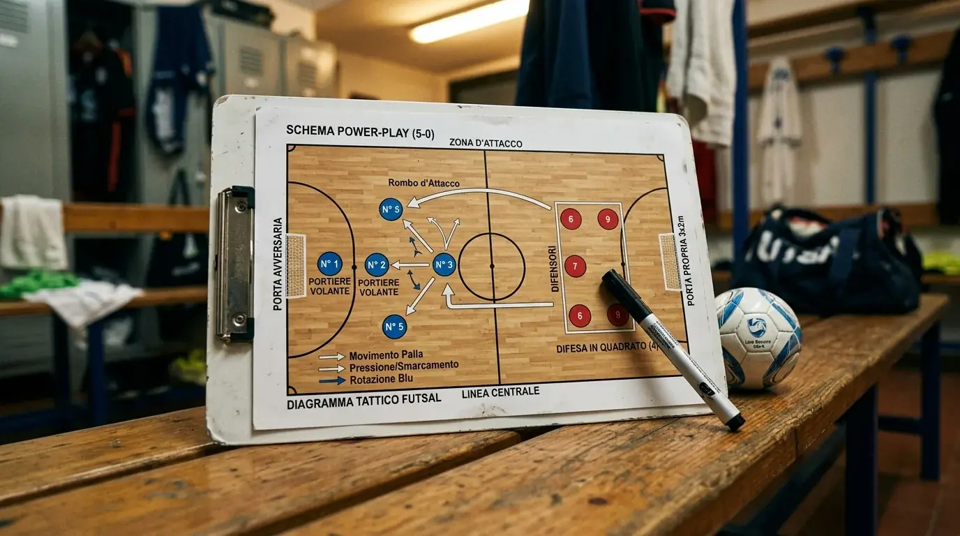 Lavagna tattica con schema del portiere volante in superiorità cinque contro quattro nel futsal